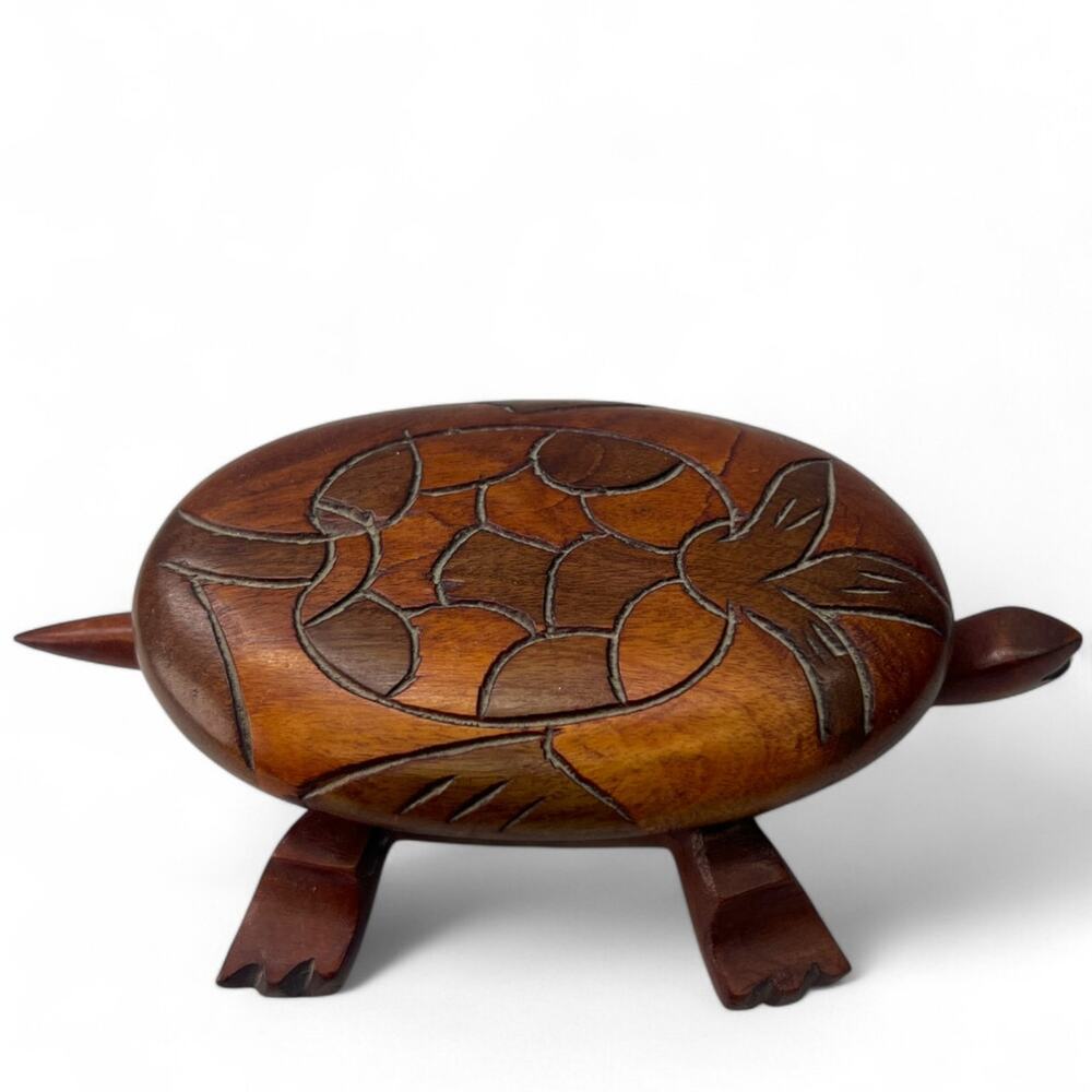 MCM Vintage Wooden Hand Carved Artisan Turtle Removable Lid Shell Pineapple